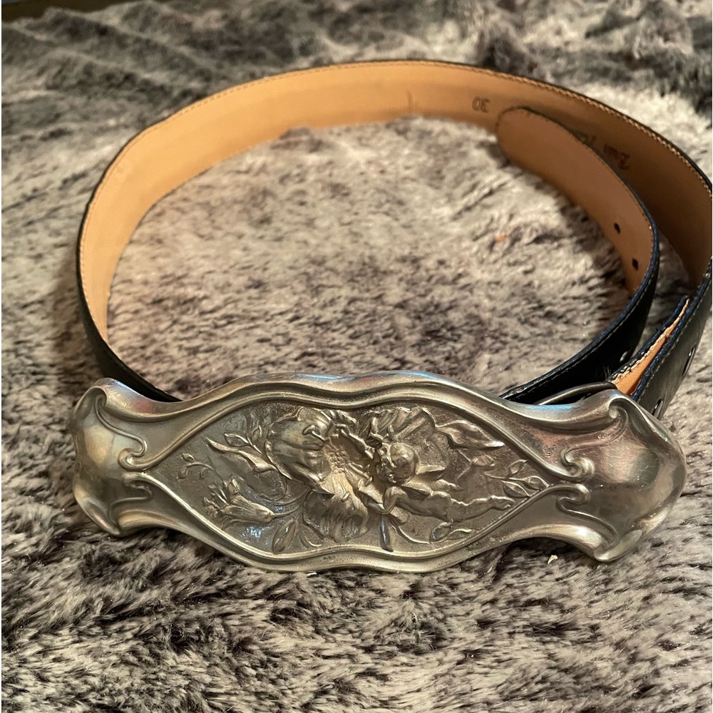 Briar Patch Black Leather Belt w/ Silver Cupid Buckle